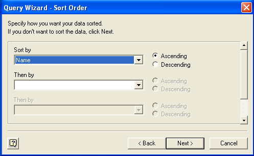 Microsoft Query, Sort Order