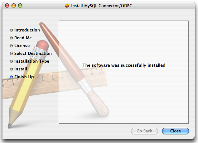 Connector/ODBC Mac OS X Installer -
                  Installation complete